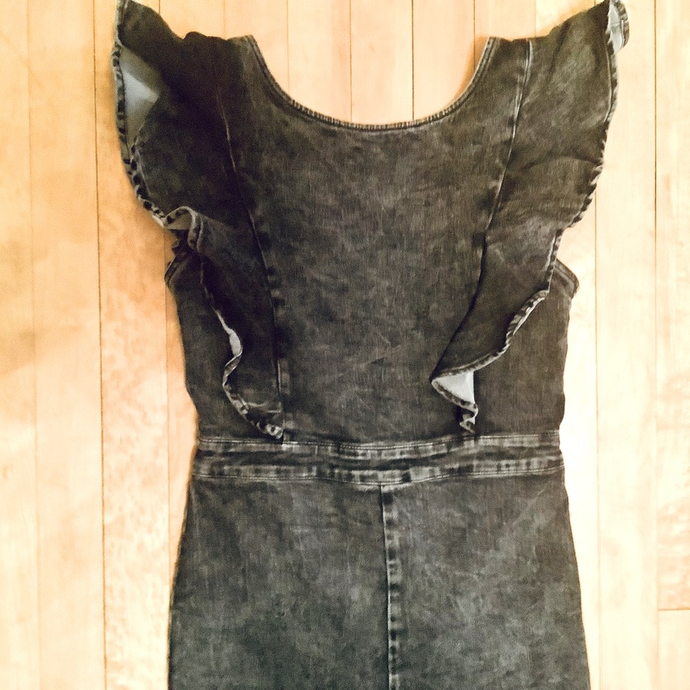 Black Ruffled Denim jumpsuit in stretch denim